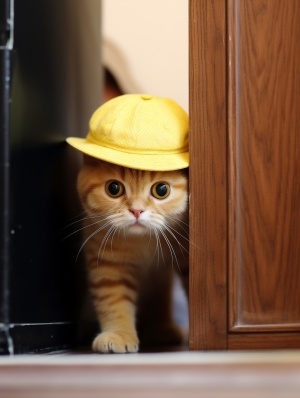 一个非常可爱的黄色猫戴着帽子从门缝后窥视，室内，木门，最好的质量，8k，大师杰作