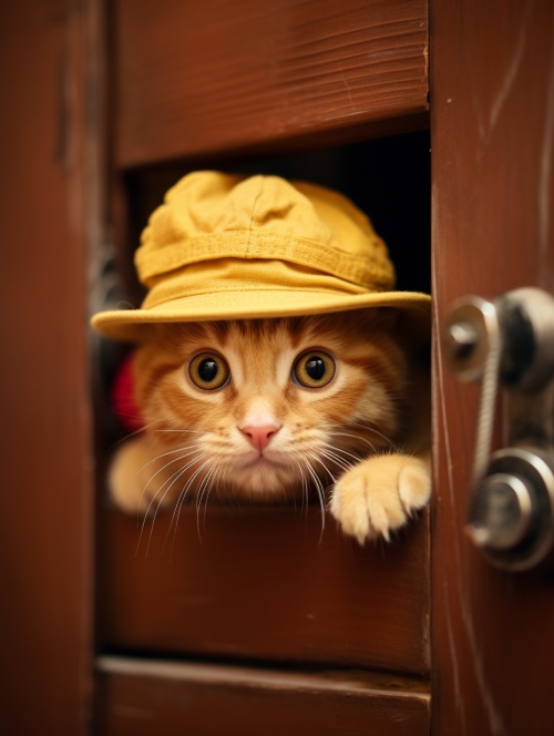 一个非常可爱的黄色猫戴着帽子从门缝后窥视，室内，木门，最好的质量，8k，大师杰作