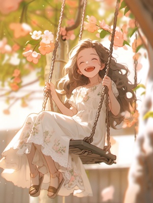 一个女孩，笑容，现代，正在荡秋千，庭院，桂花树，桃花树，农村庭院，远景，自然光，丁达尔光效