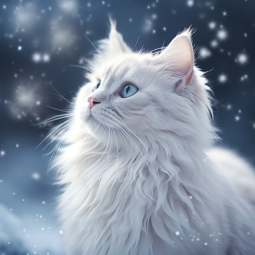 在这个银装素裹的世界里，一只猫咪正在尽情地玩耍。它的毛发被雪花覆盖，仿佛披上了一件洁白的皮草大衣，显得更加可爱。它跳跃着，追逐着飘落的雪花，时而低头嗅闻，时而抬头张望，好像在寻找什么有趣的东西。雪花在它的爪子下破碎，化作一滴滴晶莹的水珠，闪烁着冬日的阳光。这只猫咪仿佛是雪中的精灵，给这个寒冷的冬日带来了无尽的欢乐。古代神话，电影照明，边缘照明，Octane渲染，8K，超详细，