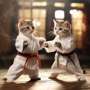 画画高级版 两只可爱的小猫，微笑，迷你，逼真，可爱的小猫，穿着空手道服装，在一起练拳，景深，高清 ar 2:3 v 5