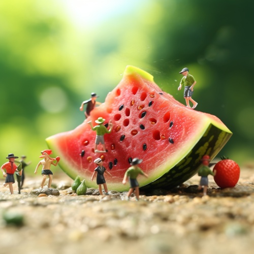 微镜头，水果（可自己替换任意水果），卡通，3D，C4D，迷你人偶，微距等完整咒语：Macro photography, a large watermelon with mini figures standing on it, watermelon, soft focus, natural light, minimalism, cartoon, 8K, HD, OC render, C4D ar 4:3 v 6#绘画 #咒语 #咒语分享 #卡通 #摄影 #微距 #微距摄影 #设计 #设计灵感 #学习 #灵感 #创作