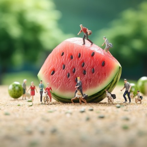 微镜头，水果（可自己替换任意水果），卡通，3D，C4D，迷你人偶，微距等完整咒语：Macro photography, a large watermelon with mini figures standing on it, watermelon, soft focus, natural light, minimalism, cartoon, 8K, HD, OC render, C4D ar 4:3 v 6#绘画 #咒语 #咒语分享 #卡通 #摄影 #微距 #微距摄影 #设计 #设计灵感 #学习 #灵感 #创作