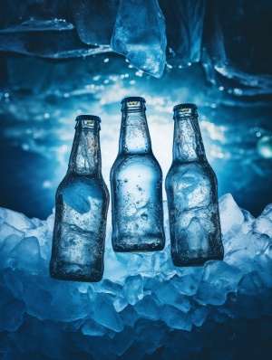 beer bottle,beer bottles on the glacier,ice andsnow cover,productplacement,sceneryoutdoors(hard light:1.2),top view,(blue tone:1.1)(droplet:1.2),wellventilated,color grading,nohumans,(small icecube:1.2),(clear texture ofice:1.1),there is ice on the bottle ar 3:4