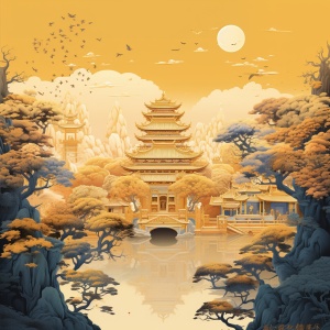 黄鹤西辞空余楼关键词提示： Ancient Chinese garden architecture, poster composition, gold powder, gold paint, classical landscape painting, surrealism#视觉艺术 #中国风 #Ai绘画 #AIGC #Ai #壁纸 #配色 #配色分享 #意境 #诗词 #古风 #国风 #新中式 #东方美学 #数字艺术 #插画 #绘画日常 #海报设计