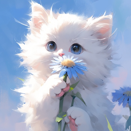 A lovely white cartoon cat, furry, with a blue flower in both hands, happy expression, blue background, high definition iw 2