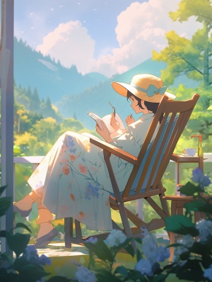 一个女孩在深山桃花园中，坐在躺椅上，看书，绘画，宫崎骏风格，新海诚风格