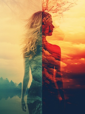 Double exposure, female landscape fusion into landscape, double exposure fusion, beauty image, dispersion gradient color, Nevess