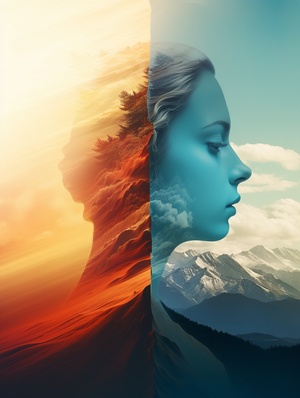 Double exposure, female landscape fusion into landscape, double exposure fusion, beauty image, dispersion gradient color, Nevess