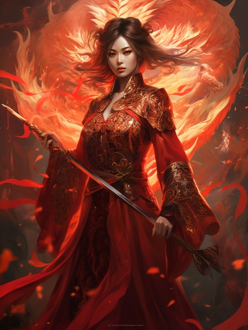 美丽的女剑客，手持一根长长的精美宝剑，宝剑顶端有一颗发光的魔法水晶，身穿红色法袍，上面有复杂精美的纹饰，身周缠绕着繁复的魔法阵，一条火焰巨龙盘旋在她的脚下，超精美画面，32k