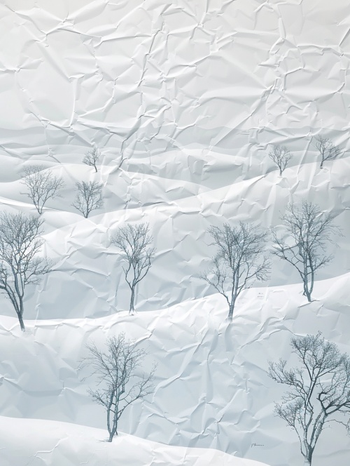 The rectangular sheet of paper, is crinkled to form a snowy landscape. Its wrinkles depict rows of trees, a meandering stream, and distant mountains, all blanketed in snow. Despite its simplicity, the scene exudes tranquility, capturing the beauty of a winter landscape. ar 3:4 v 6.0 s 250#midjourney关键词 #ai绘画 #壁纸 #极简主义 #冷门 #抽象艺术 #唯美 #治愈 #冬天 #雪景