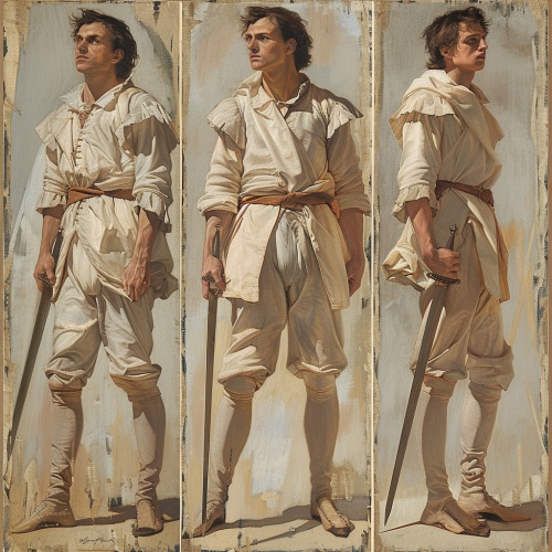 青年男子拿着剑身穿勇者服装的全身三视图