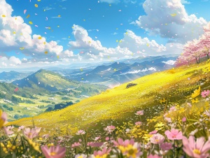 春天的色彩在阳光明媚的日子里，在蓝天白云的映衬下，一望无际的油菜花开放了，一片片黄灿灿的花海，像波浪般，耀眼夺目。小小的黄色的花，花瓣柔软，在风中摇曳，蜜蜂忙着采集花蜜。一辆动车从花海中穿过，就像一幅动态的诗或绘画，背景细致入微，处在幻想世界中，油菜花的芬芳飘散在天空中。在油菜花的周边盛开着粉红色的樱花，花瓣飞舞在天空中，远处有连绵起伏的山峦，构成了美丽的景观。这幅作品具有高分辨率、超细节、数字艺术、幻想、魔法、幻想艺术、动画写实艺术风格、概念艺术和影视特效 ar 4:3