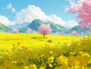 春天的色彩在阳光明媚的日子里，在蓝天白云的映衬下，一望无际的油菜花开放了，一片片黄灿灿的花海，像波浪般，耀眼夺目。小小的黄色的花，花瓣柔软，在风中摇曳，蜜蜂忙着采集花蜜。一辆动车从花海中穿过，就像一幅动态的诗或绘画，背景细致入微，处在幻想世界中，油菜花的芬芳飘散在天空中。在油菜花的周边盛开着粉红色的樱花，花瓣飞舞在天空中，远处有连绵起伏的山峦，构成了美丽的景观。这幅作品具有高分辨率、超细节、数字艺术、幻想、魔法、幻想艺术、动画写实艺术风格、概念艺术和影视特效 ar 4:3