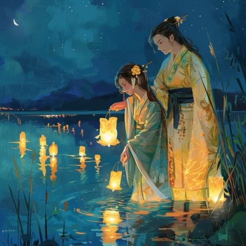 七夕佳节，一对穿汉服的情侣在河边放花灯祈愿