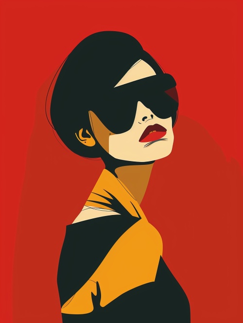 a flat illustration of a fashion girl, exaggerated pose,sapphire red vs gold cloth and hair,minimalist art,pure klein red background, in the style of suprematism