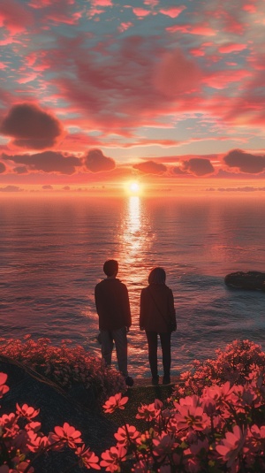 一对老夫老妻相爱在海边看日出，8K真实照！