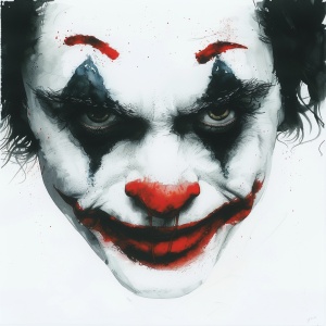 joker，邪恶的笑脸，无背景。鲜红的嘴唇，戏谑的眼神，直视前方