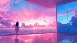 虚拟直播间背景设计，少女天蓝色和少女水粉色为主色调。梦幻深邃。