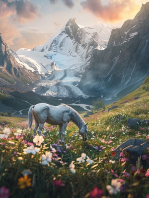 1. 草地，马，雪山远景，花朵，自然风景，摄影照片