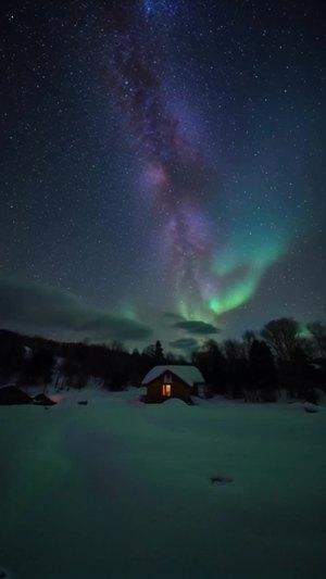 蓝紫绿色北极极光下的雪景小屋