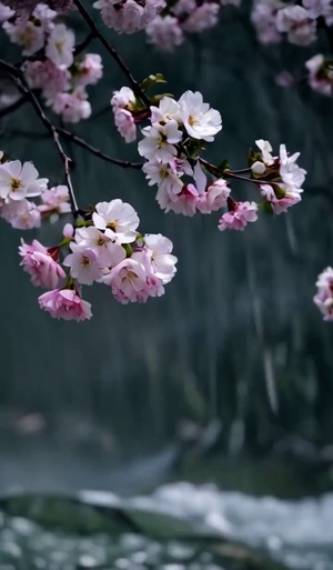 桃花映水雨天的宁静之美