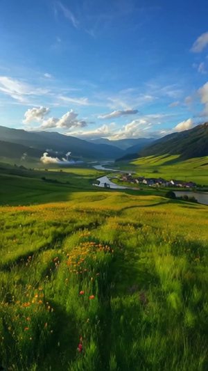 天空，大山，绿色，清晨，云雾，草原，野花，河流，村庄，炊烟，鸟瞰图，摄影，广角，晨光，光影，高清