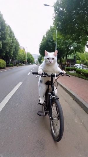 猫咪在公路上骑自行车