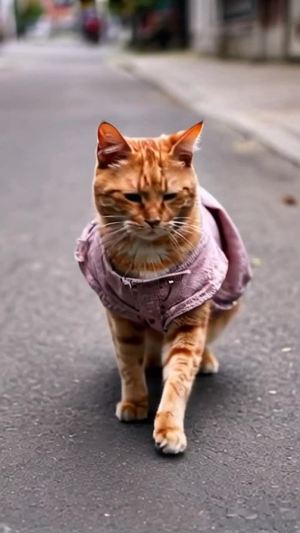 一只穿着仆人破烂衣服的橘猫 在街道上流浪