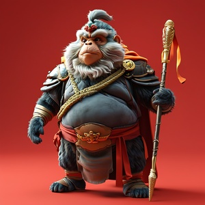 A chubby, hairy Journey to the West Monkey King, full body, wearing armor, holding a gold-banded rod,with an anthropomorphic design, against a red background in 3D plush style, it is a little fluffy, with minimalist elements of cartoon style