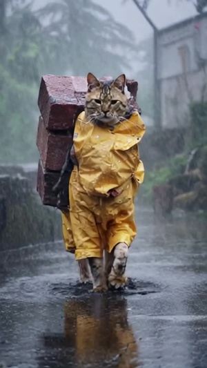 一只行走在大雨中穿着工地黄色工装的咖啡猫，身上扛着砖块，雨水淋湿了全身。