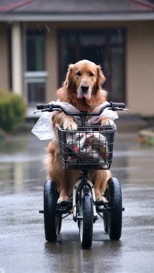 金毛犬在大雨中踏三轮给主人送外卖