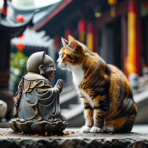 一只三花猫，在寺庙里向佛祖的雕像磕头