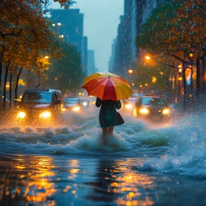 在狂暴的雷雨中，天空如同倾倒的无数盆水，整个世界被水幕笼罩，街道化作奔腾的河流，水流湍急，翻滚不息。行人撑起五彩伞，却难逃水流的袭击，衣衫尽湿。树叶在狂风中剧烈摇曳，纷纷洒下闪烁水珠，远处的景物在雨幕中模糊成影，积水迅速上涨，淹没脚踝，车辆经过，激起高高水花，映衬出一幅动荡而又生动的城市雨景。