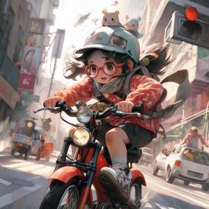 一个可爱的小女孩带着黑框眼镜 骑着一辆自行车 飞驰在闹市中