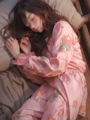 熟睡的逼真女孩，22岁，穿着长裤和粉色睡衣