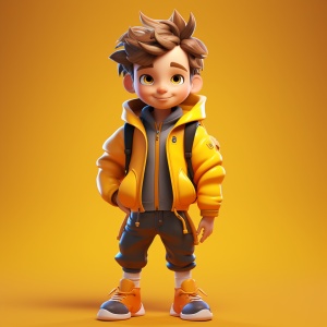 cartoon boy, yellow background, in the style of vray tracing, shiny/glossy, ue5, hallyu, bold character designs, realistic impression, 8k