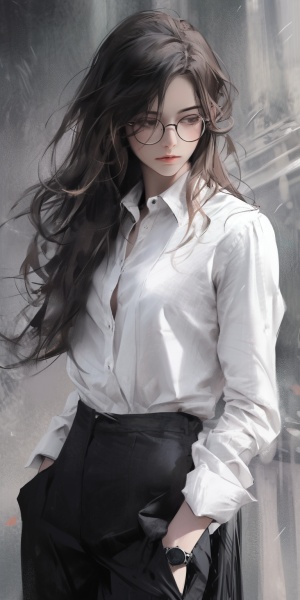 杰作，最好的质量，1个女孩，独奏，黑色丝绸，眼镜，知性发型，成熟的女人，白衬衫，西装裤，黑色领带