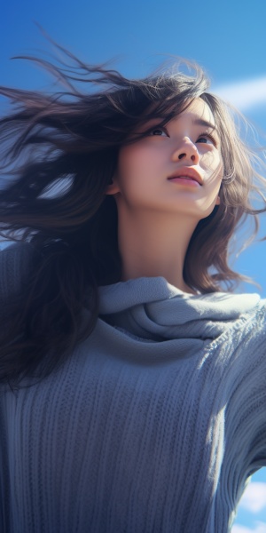 Girl with Blue Sky: UHD 4K Best Quality High Details Super Detail Upper Body Top Sweater Floating Hair