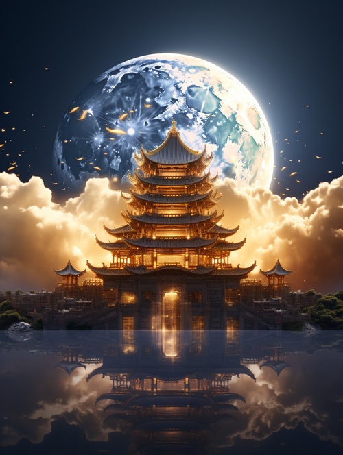 Lots,of,Chinese,style,architecture,,floating,clouds,,a,glowing,moon,,distant,view,,realistic,effect,,lots,of,clouds,,focused,composition,,depth,of,field,effect,,rendered,in,realistic,fantasy,style,,cinematic,texture,,multiple,layers,of,realism,,light,gold,and,light,cyan,,UHD,,s,750,ar,9:16