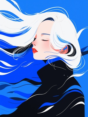 漂亮中国白发少女 - 鹤田一郎风格的抽象孟菲斯插画