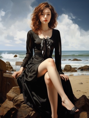 女神穿浅色裙，黑丝坐站沙滩高清写实