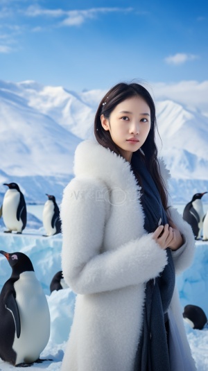 可爱的16岁中国女孩在北欧雪山中与企鹅背景下的深蓝色大海交相辉映