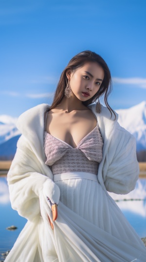 可爱的中国女孩在雪山背景下展现笑容
