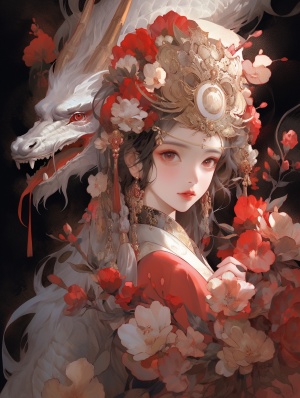 Red-haired Anime Girl with Flower Headdress in Zhang Jingna Style