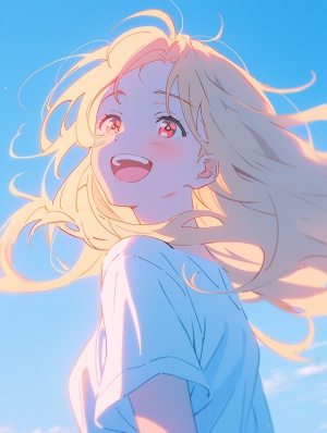 Anime,wallpaper,of,a,beautiful,woman,with,long,blonde,hair,In,the,style,of,joyful,and,optimistic,,with,lo-fi,aesthetics,In,a,sky-blue,style,,featuring,playful,expressions,and,depicting,everyday,life,with,curvilinear,details,Incorporating,elements,of,gongbi,,a,traditional,Chinese,painting,technique.