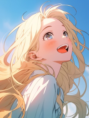 Joyful and Optimistic: A Sky-Blue Anime Wallpaper of a Beautiful Woman with Long Blonde Hair