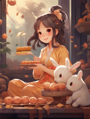 可爱女孩穿汉服，吃月饼，与小兔子共度