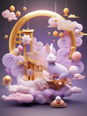 Mobile Phone Opening Page Chinese Mid Autumn Festival Composed of Light Purple and Yellow Lots of Smoke Clouds a Golden Full Moon a Small White Rabbit Playful Dream Style Mooncake Image Rendered in Cinema4D Using a Light Background Made of Cheese Toy Core