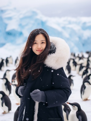 可爱的16岁中国女孩在北欧雪山中与企鹅背景下的深蓝色大海交相辉映